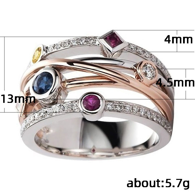 Fashionable Geometric Line Inlaid Multi-color Zircon Ring