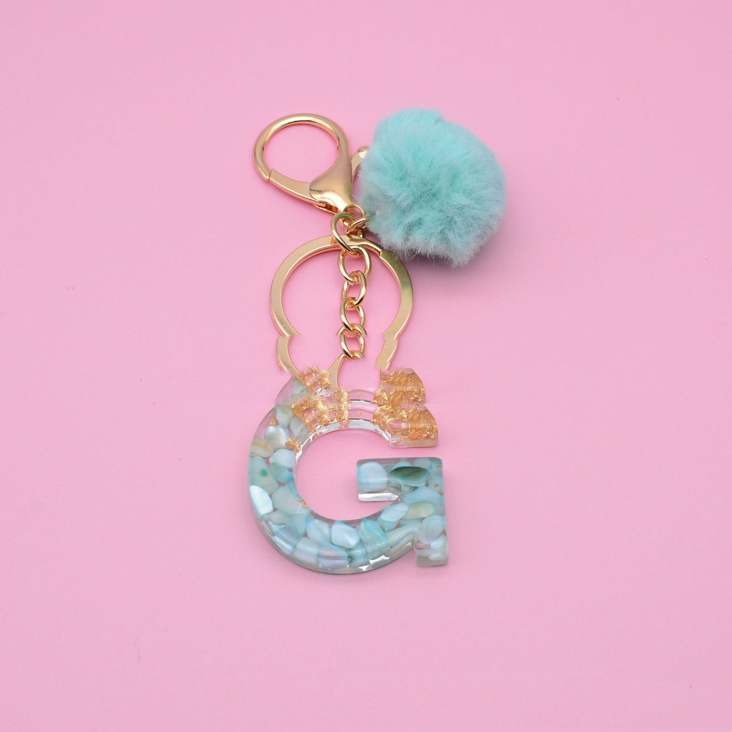 Turquoise Shell And Gold Foil Epoxy Alphabet Keychains