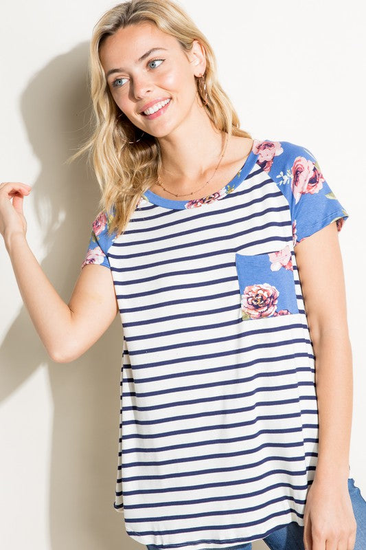 Plus Stripe Floral Mixed Pocket Top