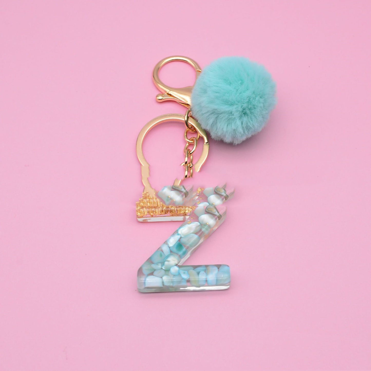 Turquoise Shell And Gold Foil Epoxy Alphabet Keychains