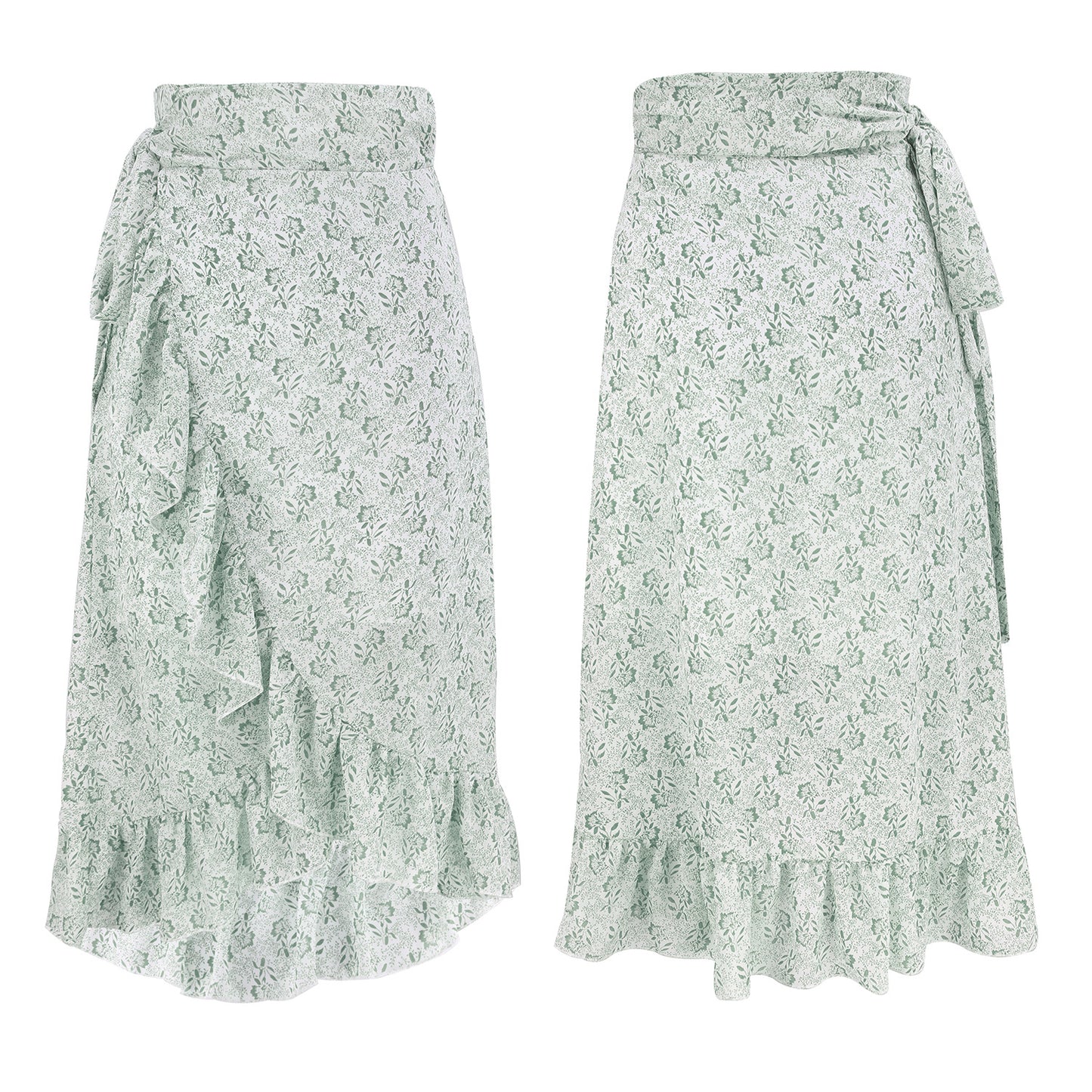 High Waist Knotted Tied Wrap Floral Ruffle Chiffon Split Skirt