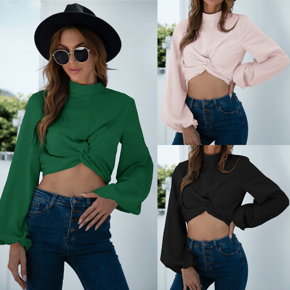 Twisted Design Lantern Sleeve Crop Top