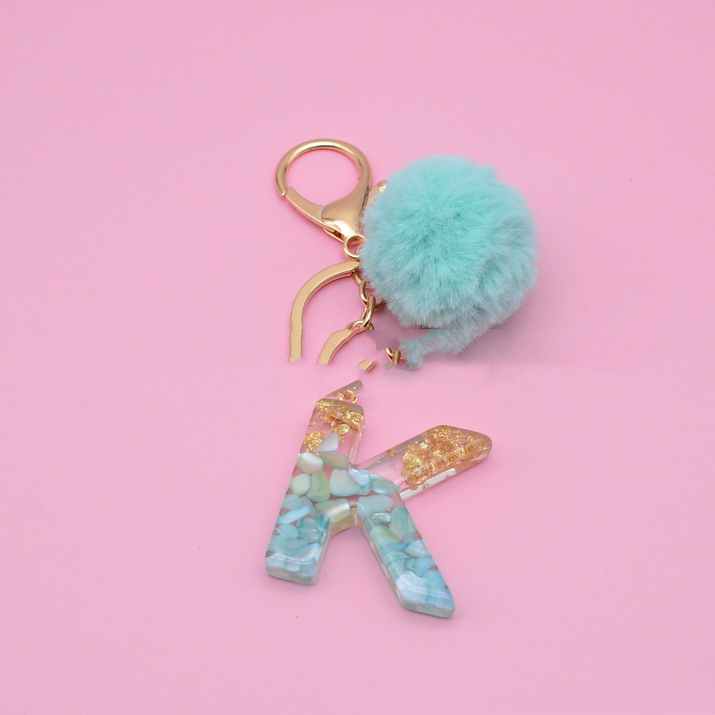 Turquoise Shell And Gold Foil Epoxy Alphabet Keychains