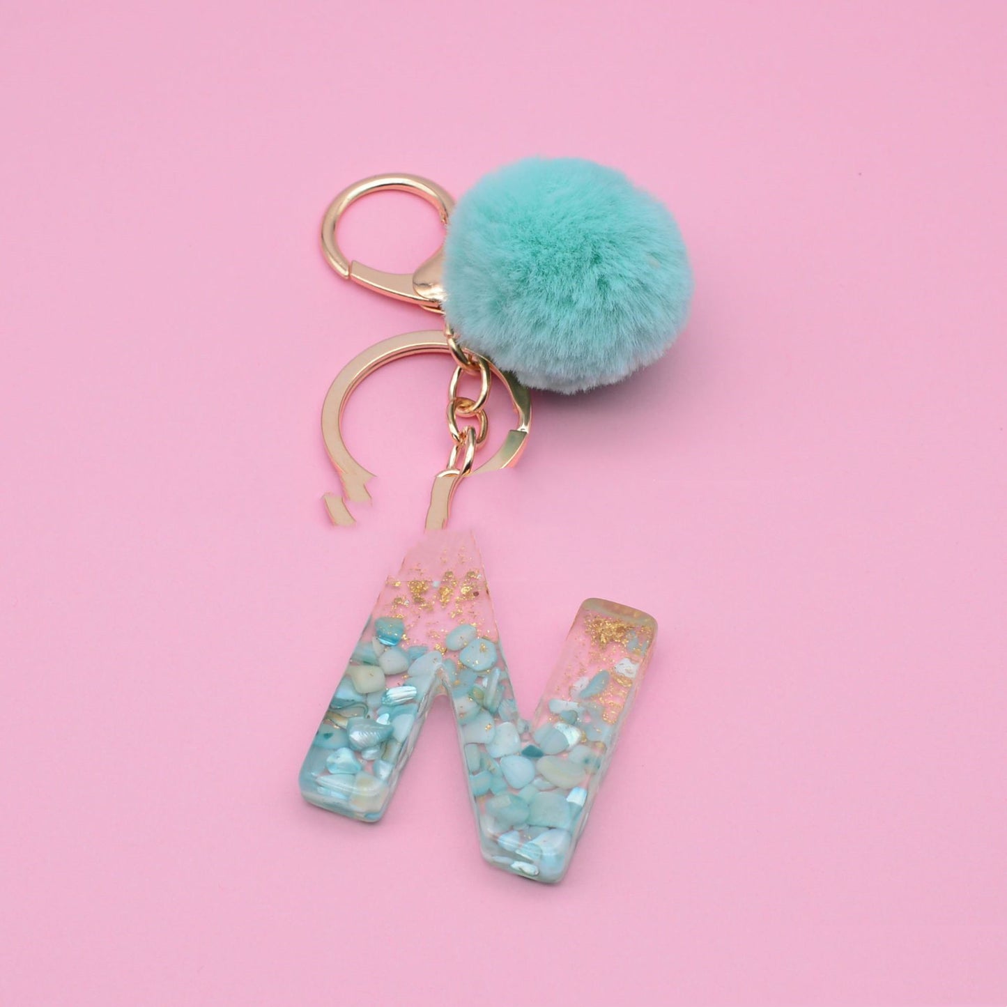 Turquoise Shell And Gold Foil Epoxy Alphabet Keychains