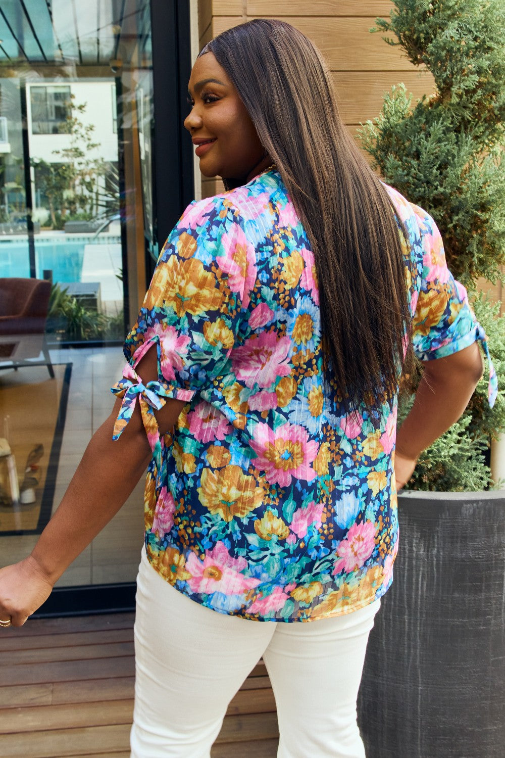 Petal Dew Full Size Floral V-Neck Tie Detail Blouse