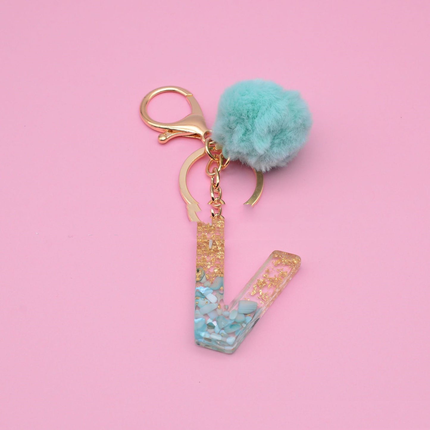 Turquoise Shell And Gold Foil Epoxy Alphabet Keychains