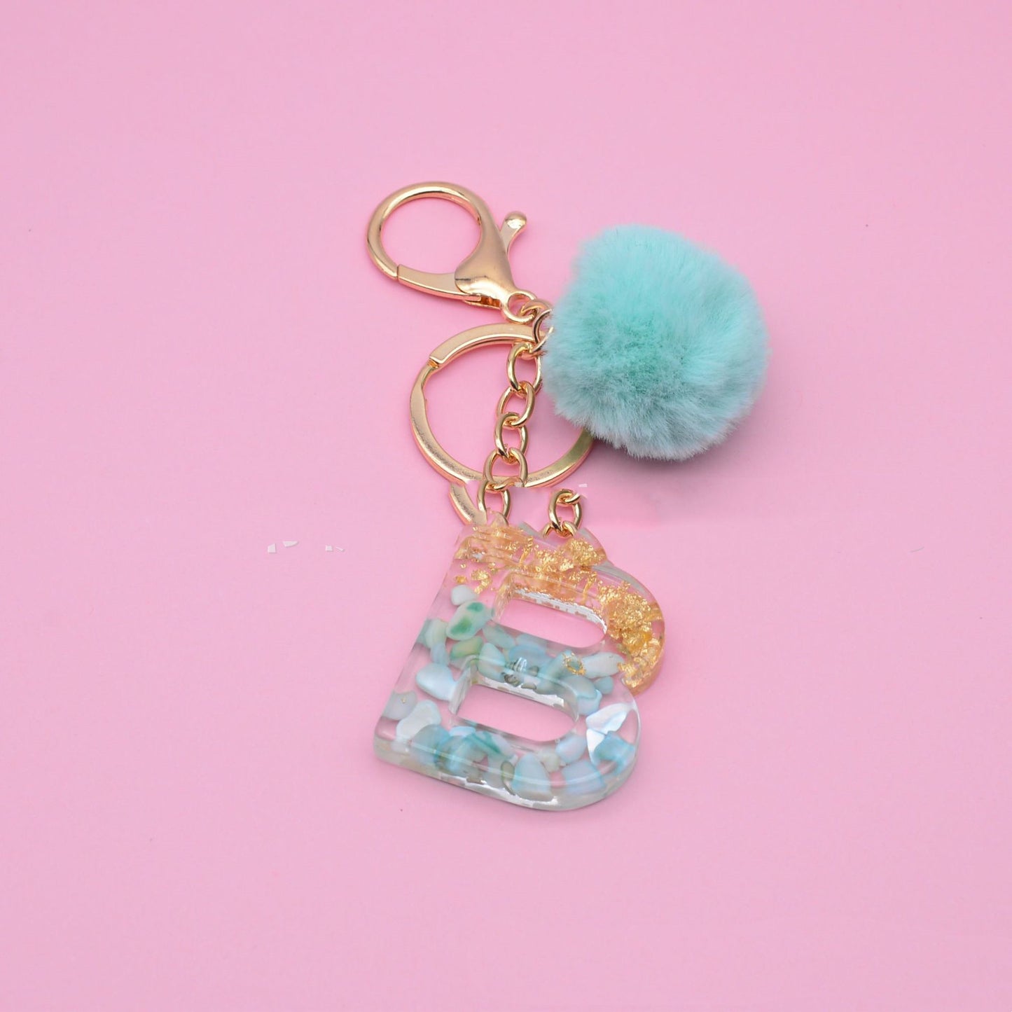 Turquoise Shell And Gold Foil Epoxy Alphabet Keychains