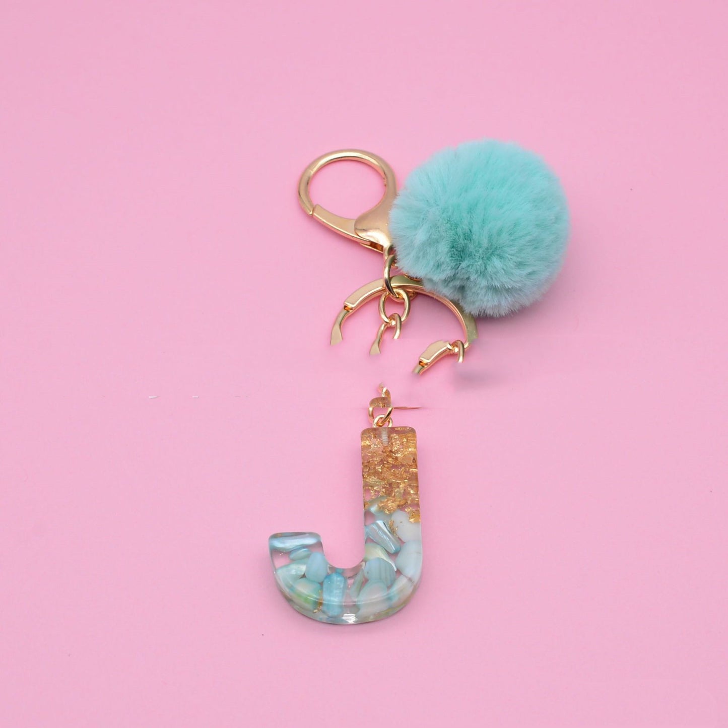 Turquoise Shell And Gold Foil Epoxy Alphabet Keychains