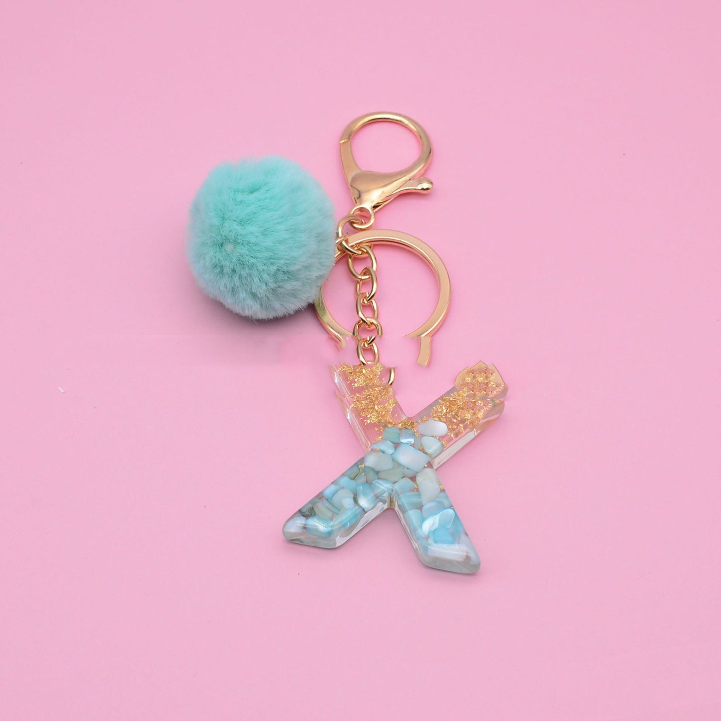 Turquoise Shell And Gold Foil Epoxy Alphabet Keychains