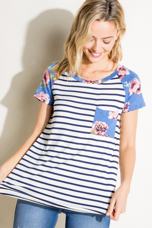 Plus Stripe Floral Mixed Pocket Top