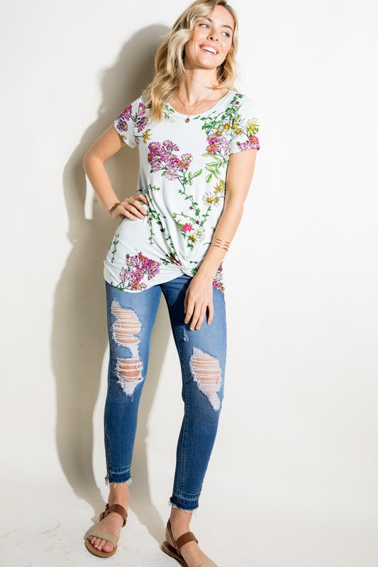 Floral Jersey Front Twist Tunic Top