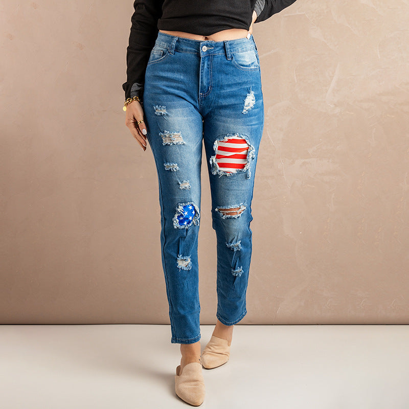 Women's American Flag Ripped Denim Jeans