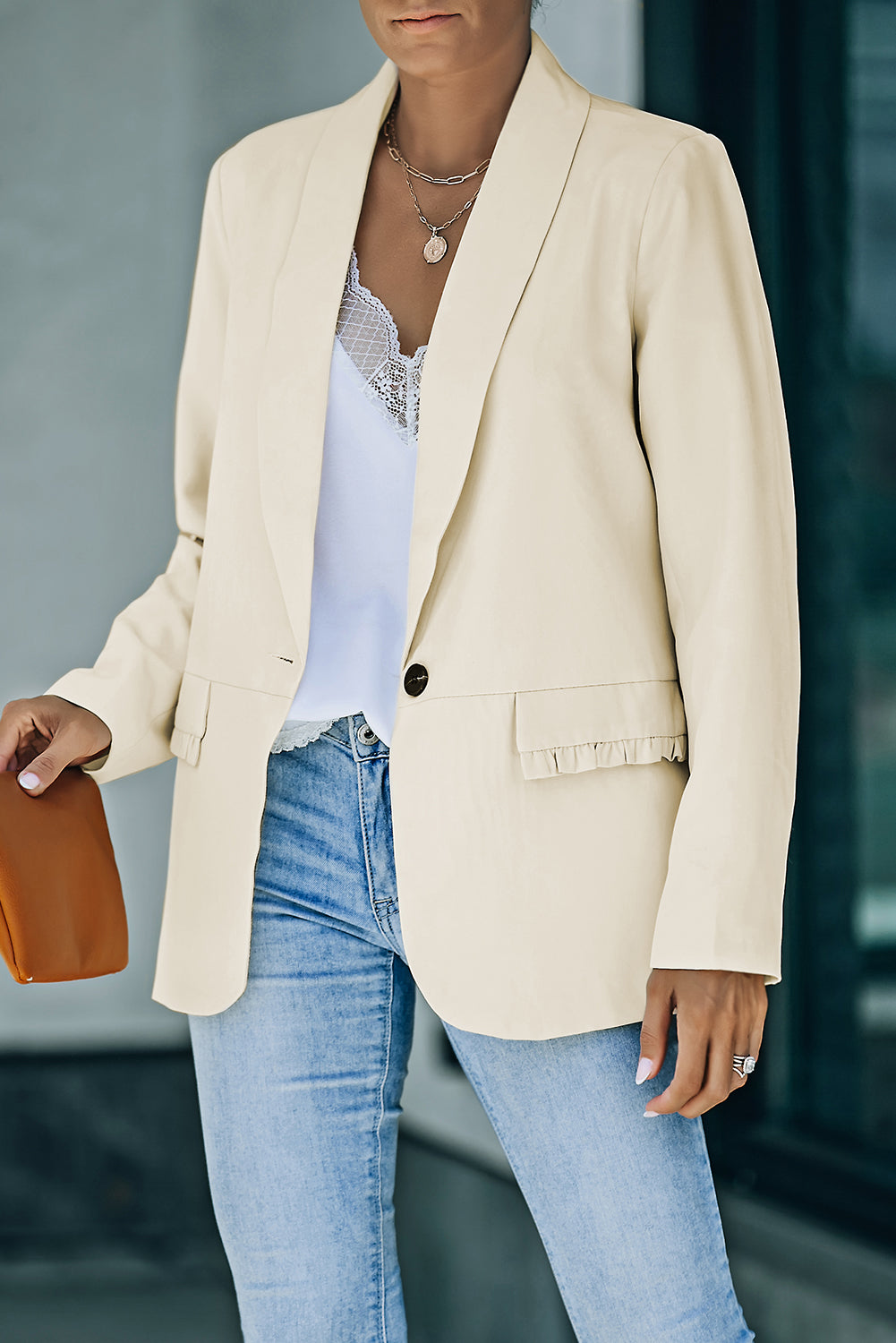 Beige Lapel Collar Button Pocket Blazer