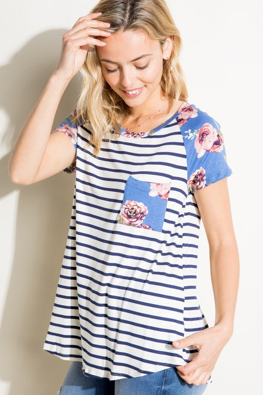 Plus Stripe Floral Mixed Pocket Top