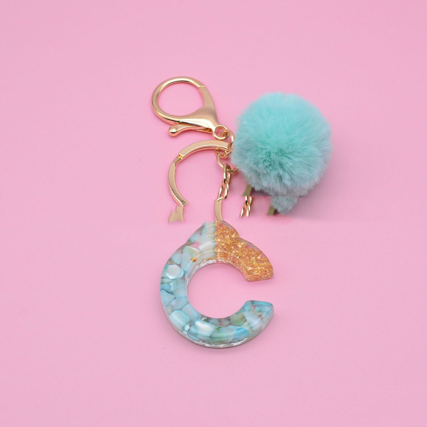 Turquoise Shell And Gold Foil Epoxy Alphabet Keychains