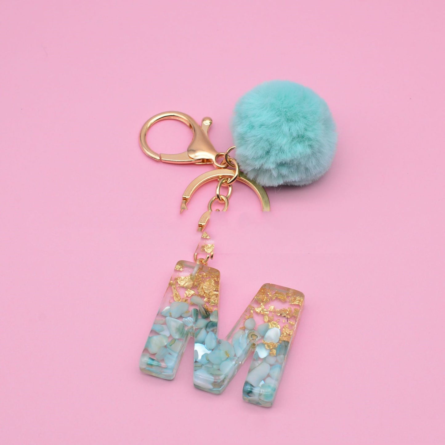 Turquoise Shell And Gold Foil Epoxy Alphabet Keychains