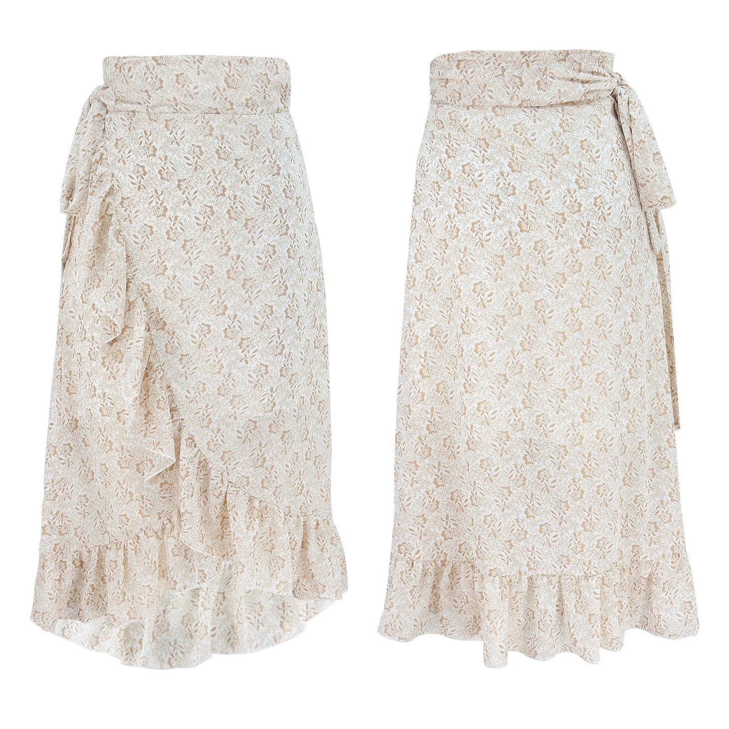 High Waist Knotted Tied Wrap Floral Ruffle Chiffon Split Skirt