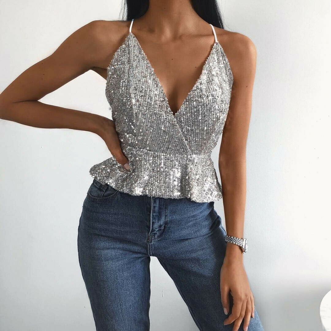 Sequined Peplum Sleeveless Top