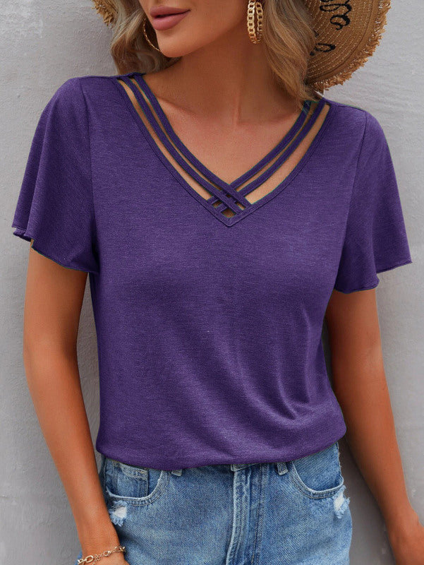 Women's Solid Color Cross Straps V-Neck Tee