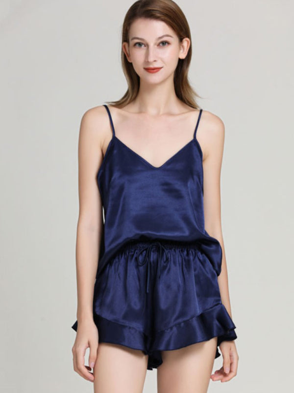 Solid Color V-Neck Camisole + Shorts Pajamas Two-Piece Set