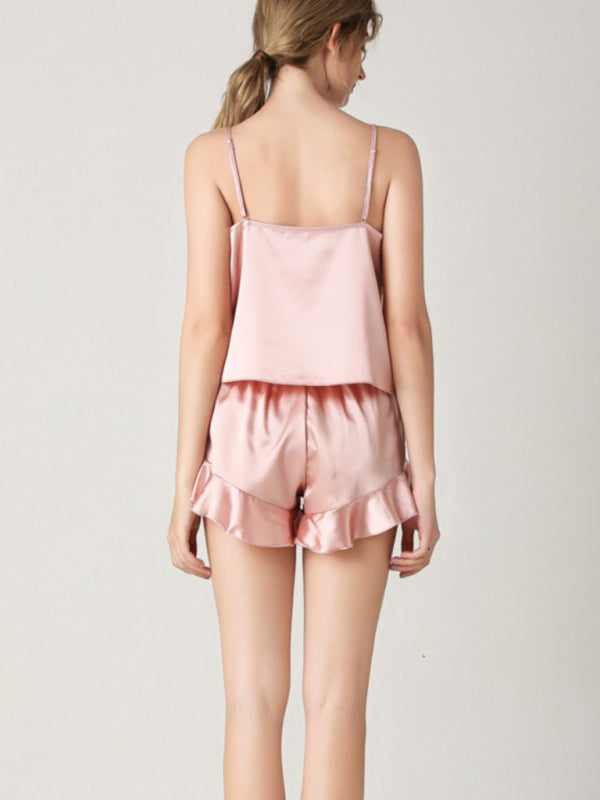 Solid Color V-Neck Camisole + Shorts Pajamas Two-Piece Set
