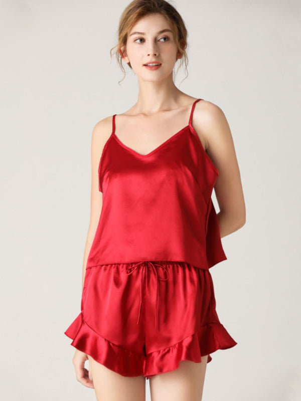 Solid Color V-Neck Camisole + Shorts Pajamas Two-Piece Set