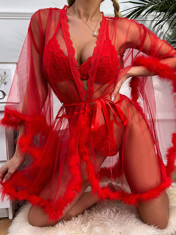 Sexy See-Through Mesh Feather Robe