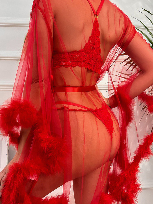 Sexy See-Through Mesh Feather Robe