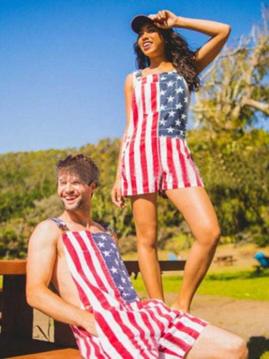 Unisex American Flag Graphic Print Denim Overall Shorts
