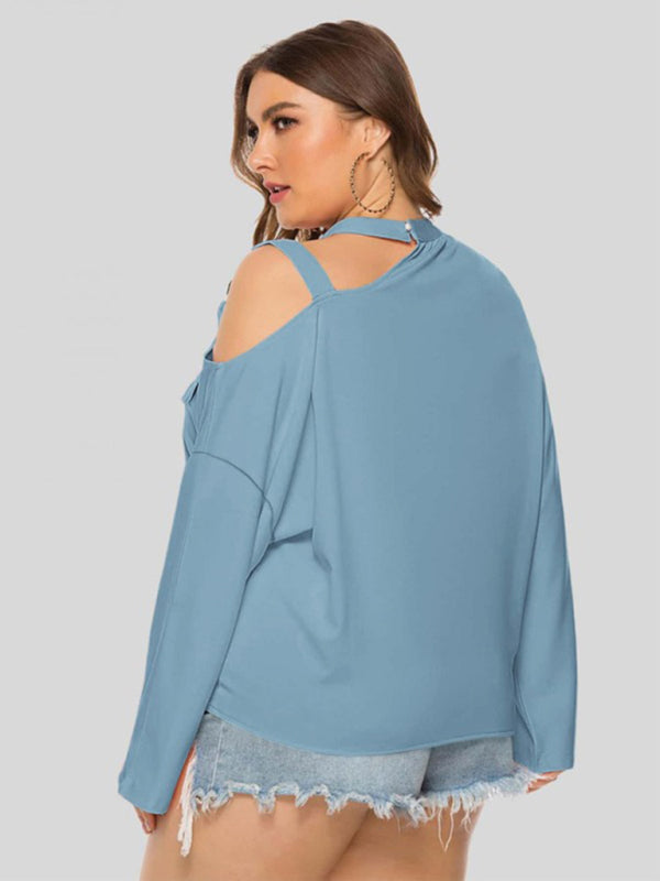 Cut Out Shoulder Sequined Strap with Front Waist Tie Plus Size Top