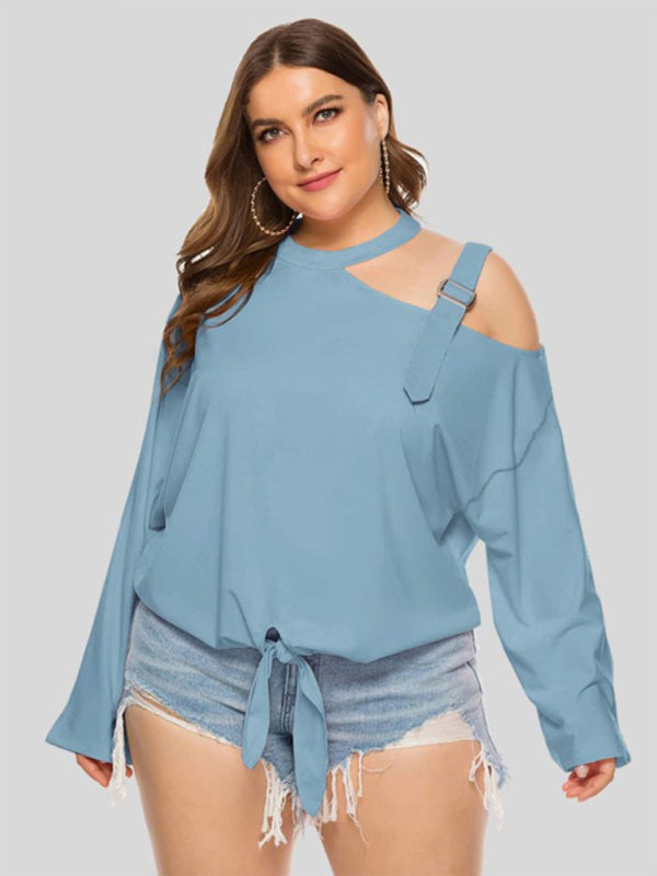 Cut Out Shoulder Sequined Strap with Front Waist Tie Plus Size Top