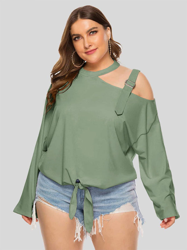 Cut Out Shoulder Sequined Strap with Front Waist Tie Plus Size Top