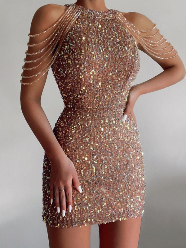 Sequin Mini Dress With Bead Chain Shoulder Straps