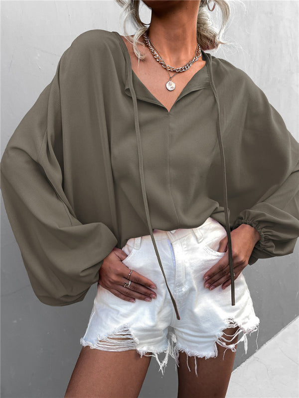 Solid Color Tie Neck Balloon Sleeve Blouse