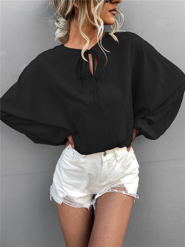Solid Color Tie Neck Balloon Sleeve Blouse