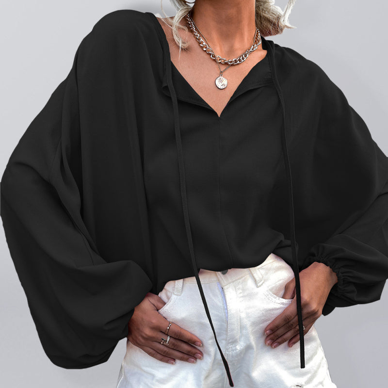 Solid Color Tie Neck Balloon Sleeve Blouse