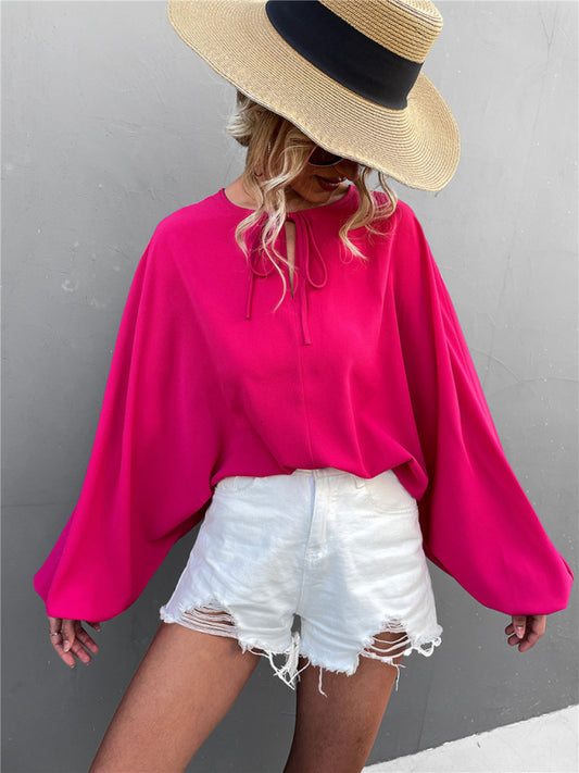 Solid Color Tie Neck Balloon Sleeve Blouse