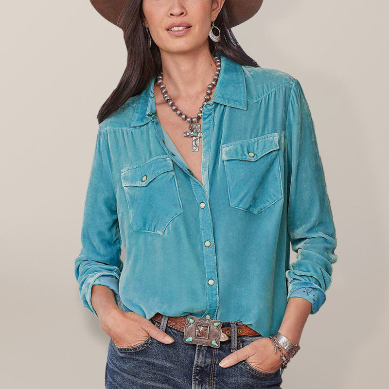 Velvet Button Up Shirt With Double Pocket