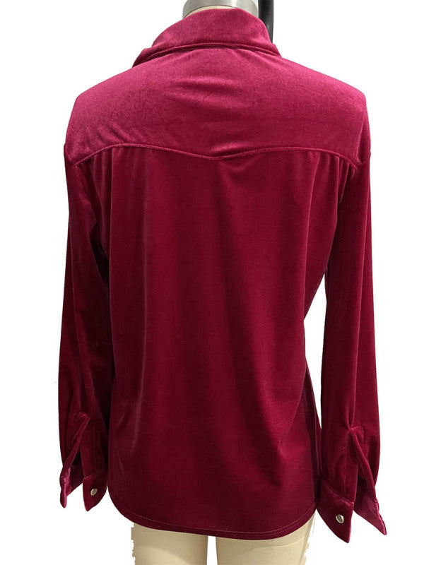 Velvet Button Up Shirt With Double Pocket