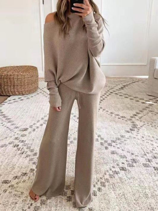 Off The Shoulder Ribbed Wide Legs Pants Sweater Set