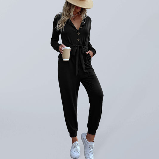 Button-up Front Waist Tie Jumpsuit