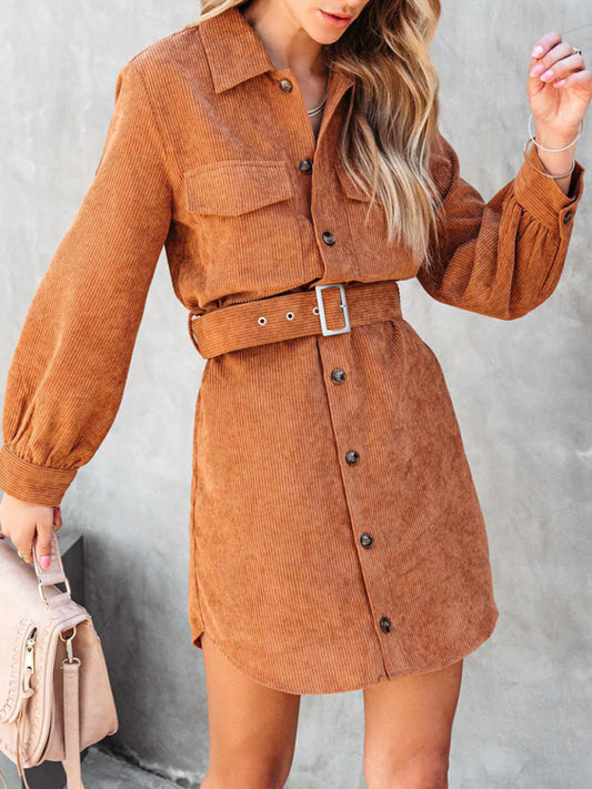 Belted Long-sleeve Cotton Corduroy Shirtdress