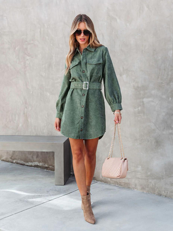 Belted Long-sleeve Cotton Corduroy Shirtdress