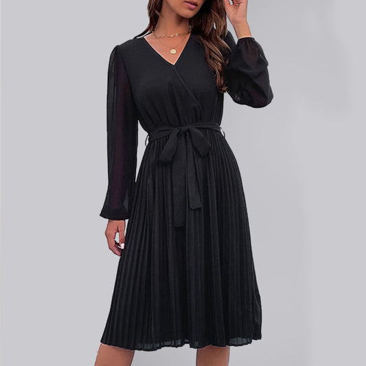 Pleated Long Sleeve Faux Wrap Dress