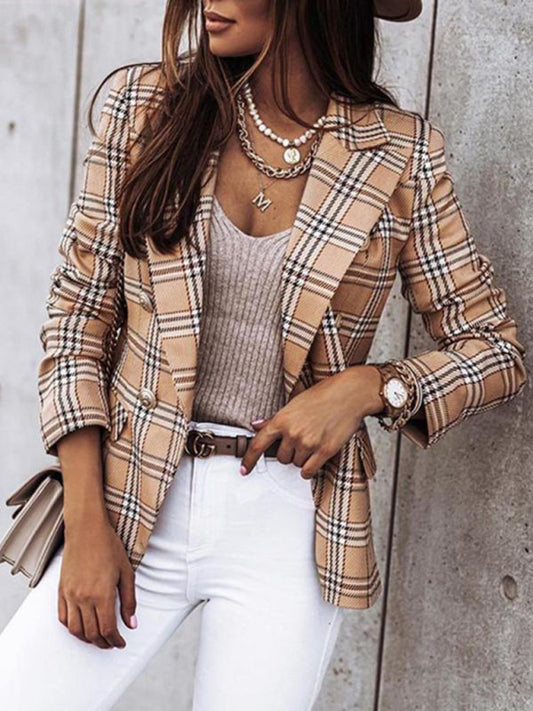Women's Plaid Cotton And Linen Double Breasted Blazer