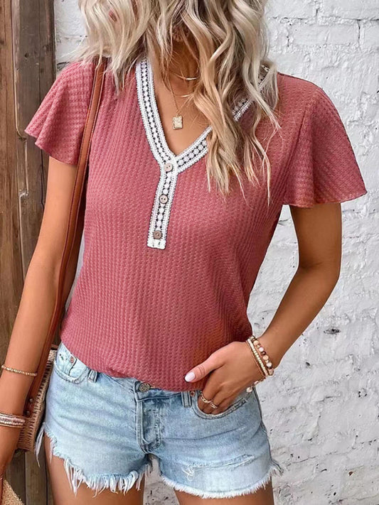 Women's Flutter Sleeve Waffle Knit Lace Trim Button Up Top