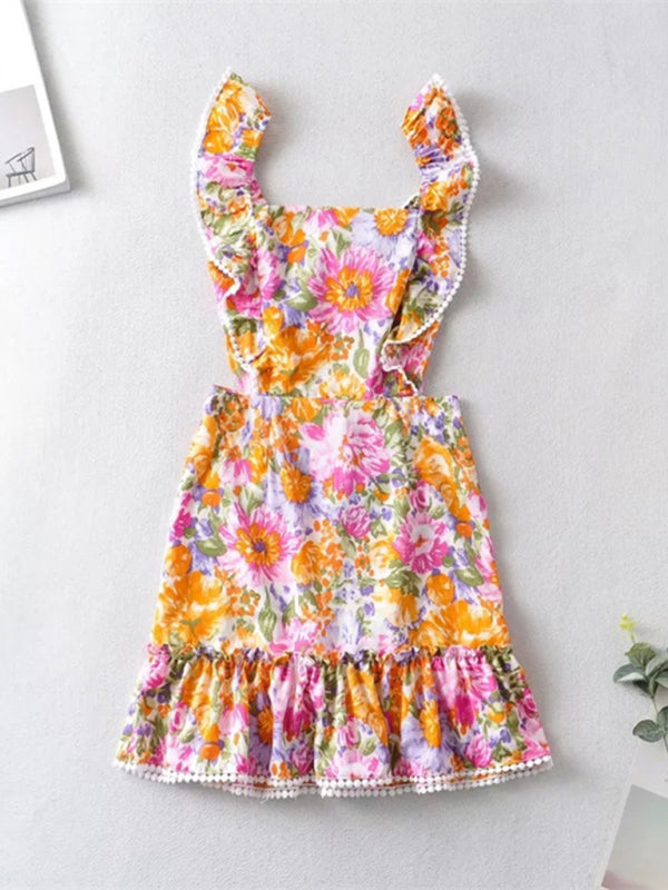 Sexy backless dress popular ruffled print A-line skirt