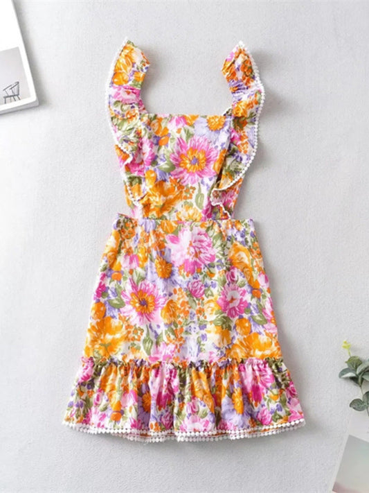 Sexy backless dress popular ruffled print A-line skirt