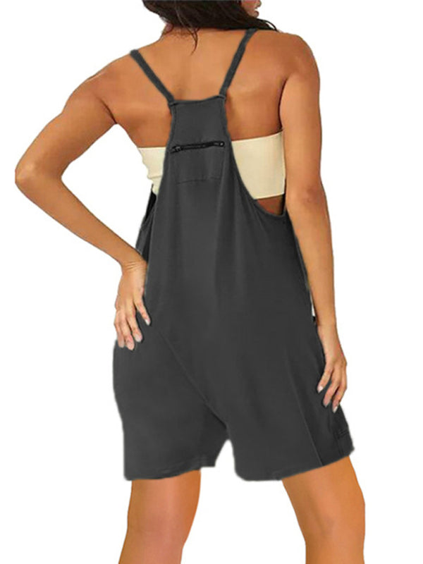 Women's Solid Color Sleeveless Back Zipper Pocket Rompers