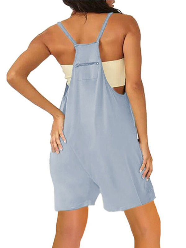 Women's Solid Color Sleeveless Back Zipper Pocket Rompers
